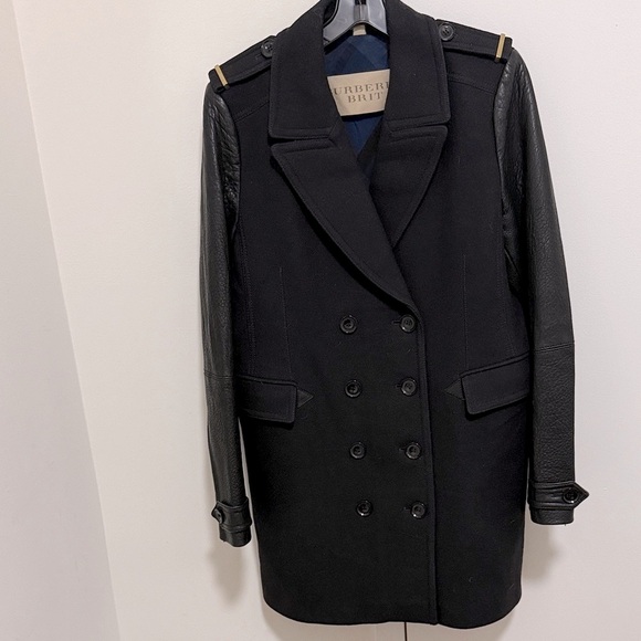 Burberry Brit Leather Sleeve Pea Coat Burberry Brit Women's Double